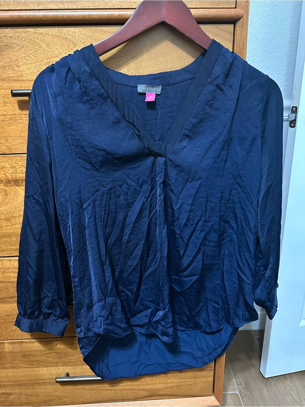 Vince Camuto Navy V-Neck Pleated Blouse